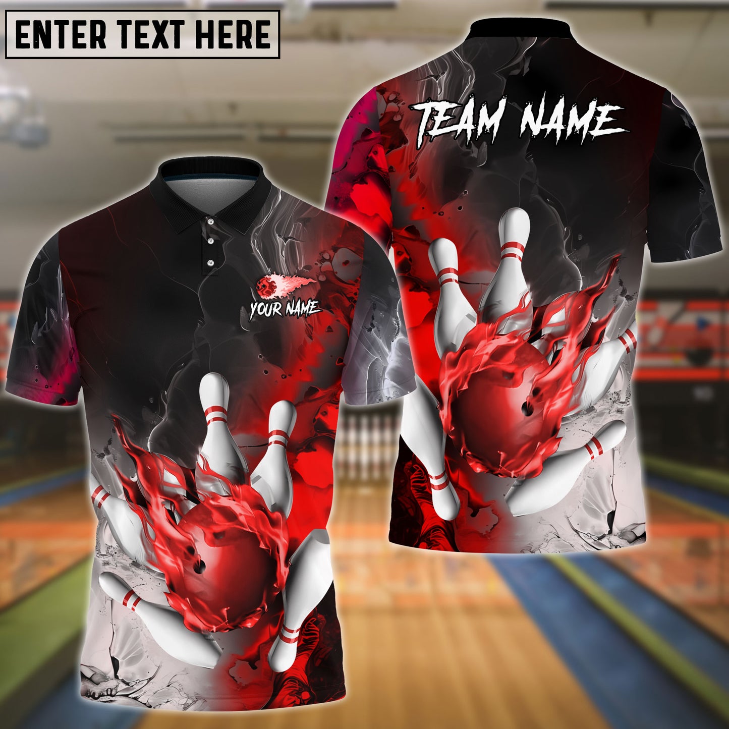 Frenzideas Bowling And Pins Fire Lava Smoke Multicolor Customized Name 3D Shirt ( 4 Colors )