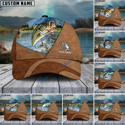 Frenzidea Personalized Fishing Leather Pattern Cap (Bass, Striped Bass, Catfish, Trout, Crappie, Salmon, Walleye, Pike)