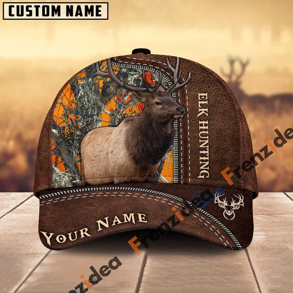 Frenzidea Elk Hunting Leather Pattern Personalized Name Cap