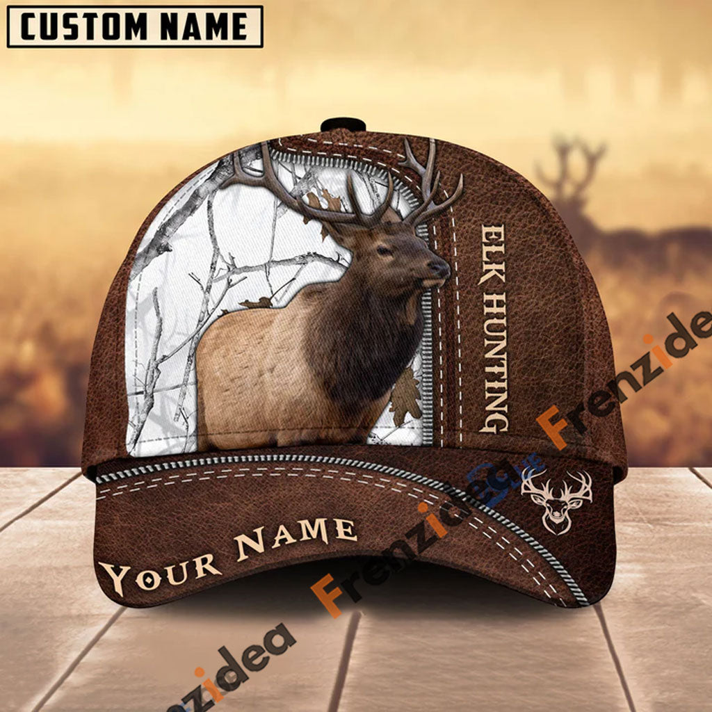 Frenzidea Elk Hunting Leather Pattern Personalized Name Cap