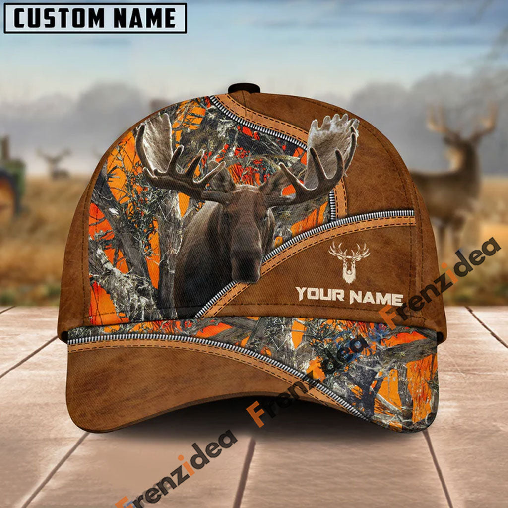 Frenzidea Moose Hunting Premium Brown Leather Pattern Personalized Name Cap