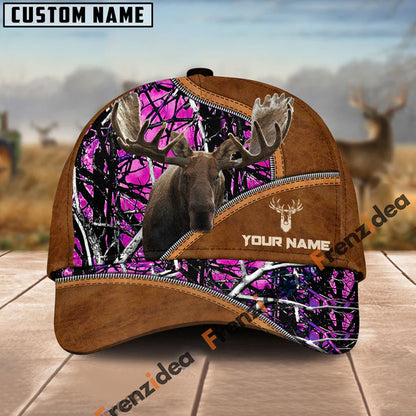 Frenzidea Moose Hunting Premium Brown Leather Pattern Personalized Name Cap
