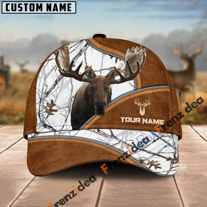 Frenzidea Moose Hunting Premium Brown Leather Pattern Personalized Name Cap