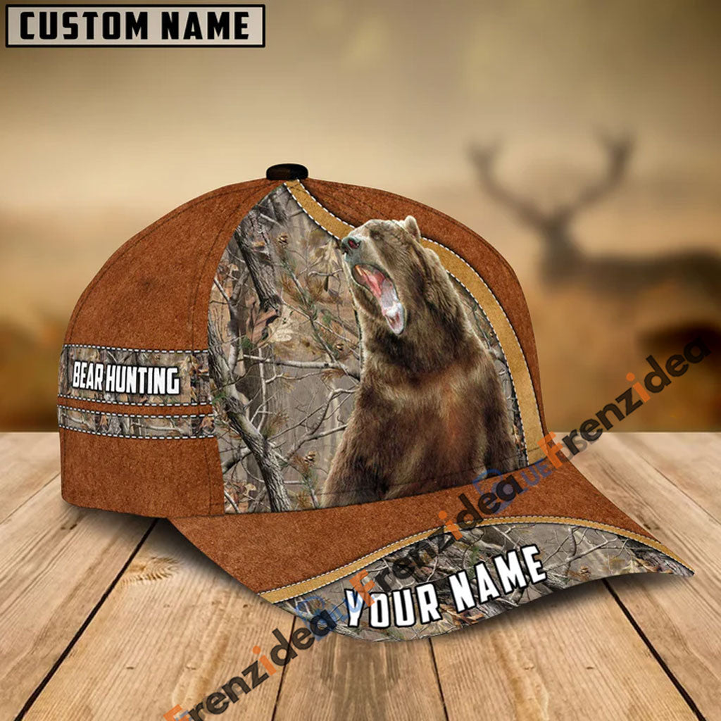 Frenzidea Bear Hunting Light Brown Leather Pattern Personalized Name Cap