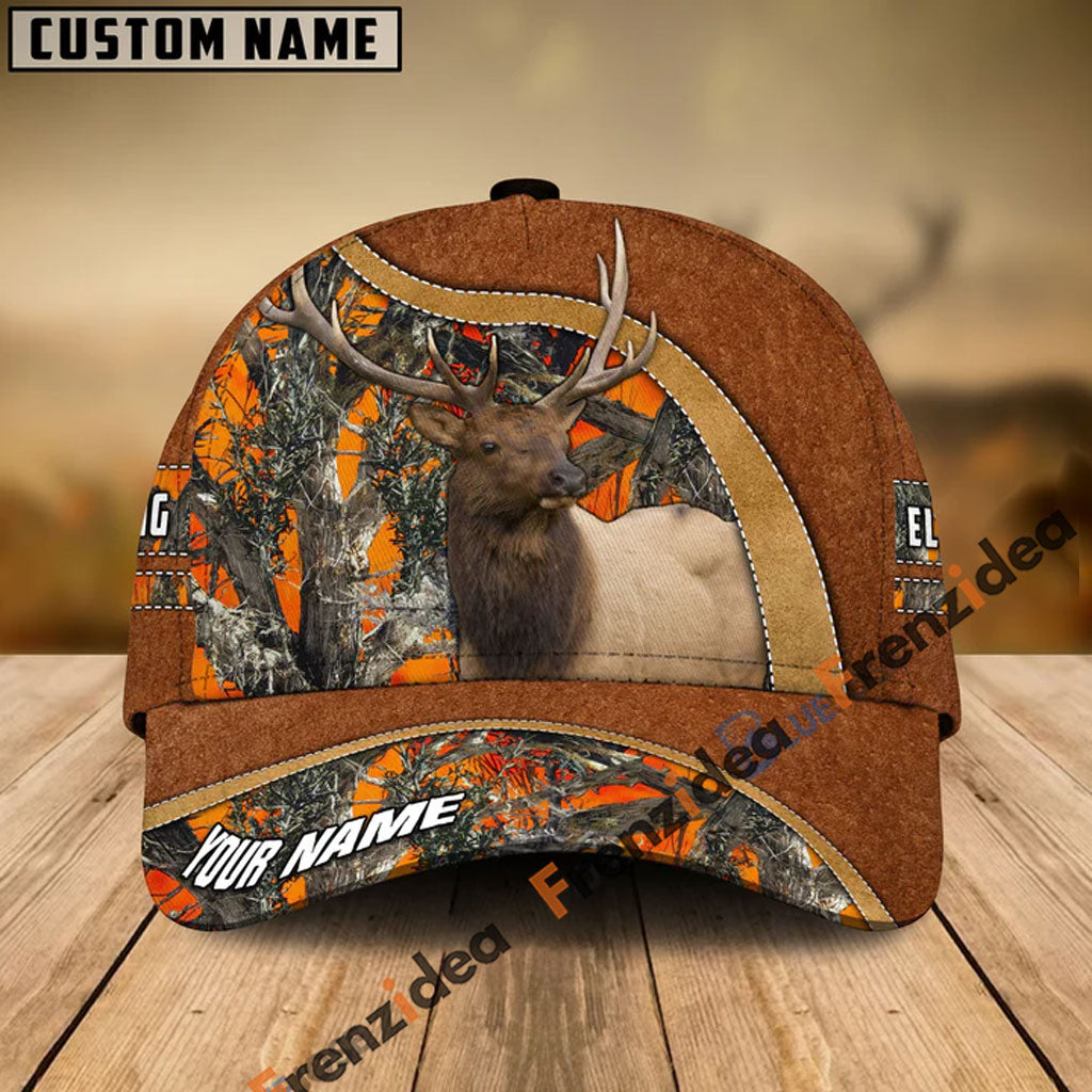 Frenzidea Elk Hunting Light Brown Leather Pattern Personalized Name Cap