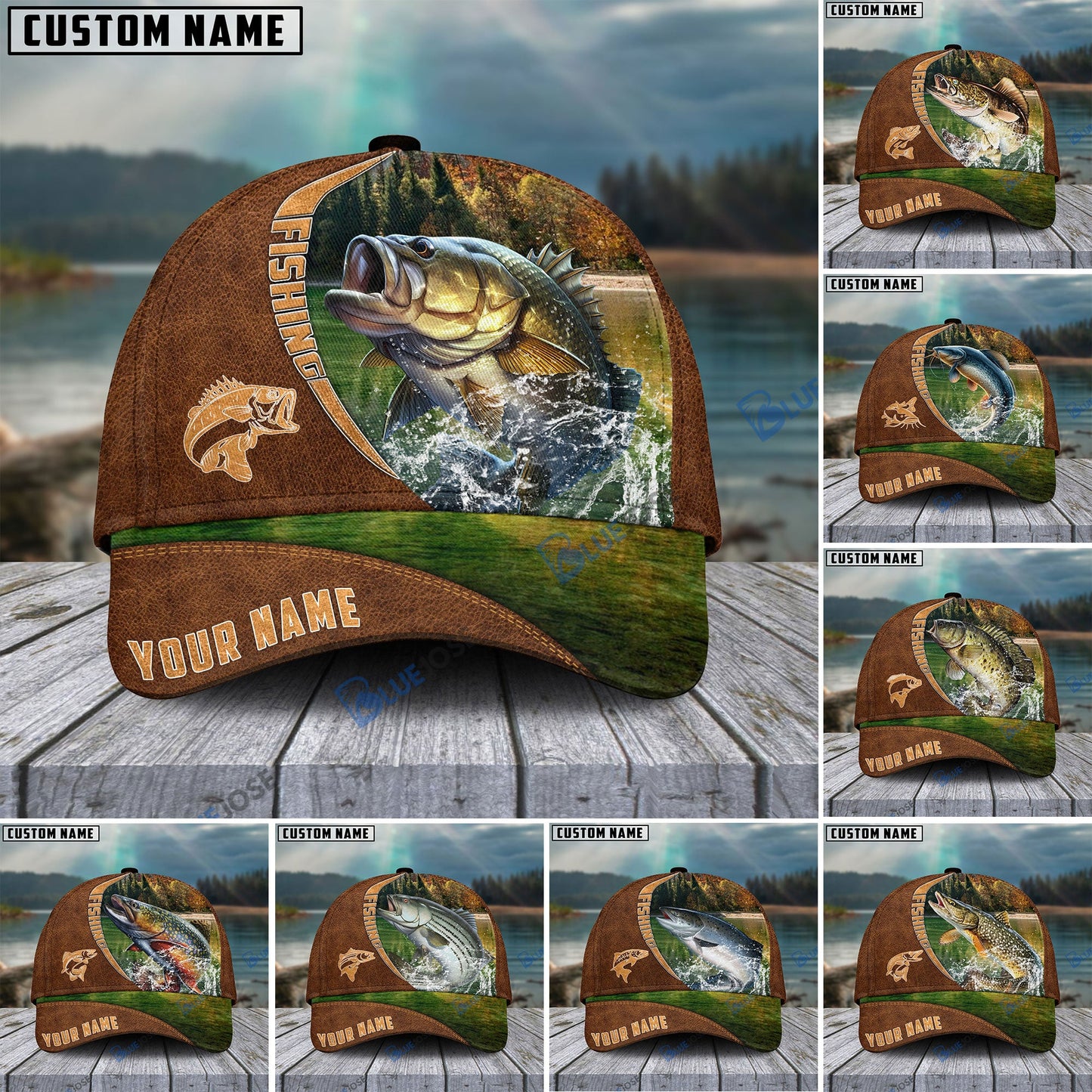 Frenzidea Personalized Fishing Brown Cap (Bass, Striped Bass, Catfish, Trout, Crappie, Salmon, Walleye, Pike)