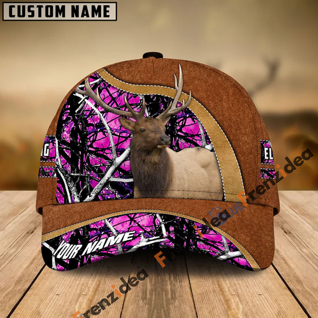 Frenzidea Elk Hunting Light Brown Leather Pattern Personalized Name Cap