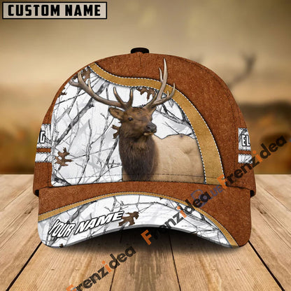 Frenzidea Elk Hunting Light Brown Leather Pattern Personalized Name Cap