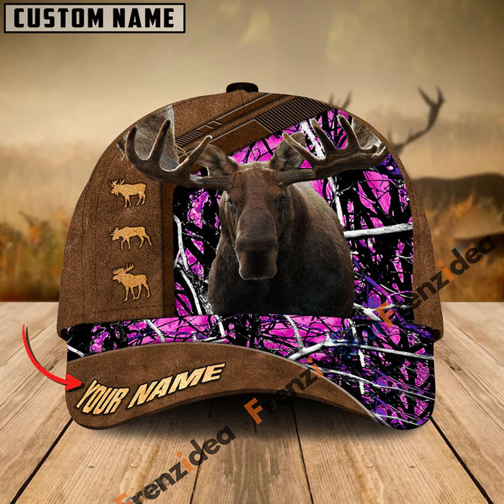 Frenzidea Moose Hunting Premium Brown Pattern Personalized Name Cap