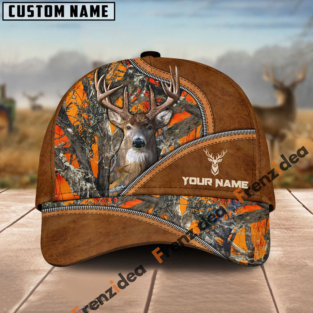 Frenzidea Deer Hunting Premium Brown Leather Pattern Personalized Name Cap