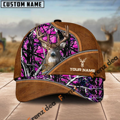 Frenzidea Deer Hunting Premium Brown Leather Pattern Personalized Name Cap