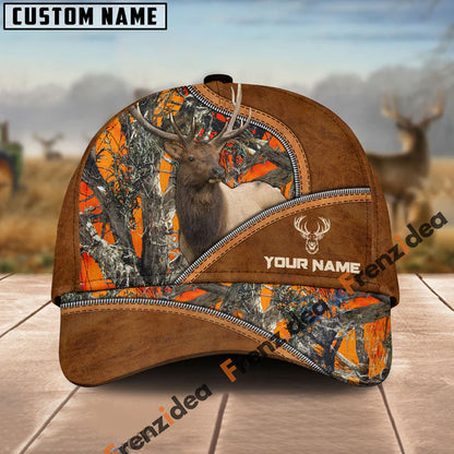 Frenzidea Elk Hunting Premium Brown Leather Pattern Personalized Name Cap