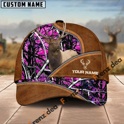 Frenzidea Elk Hunting Premium Brown Leather Pattern Personalized Name Cap