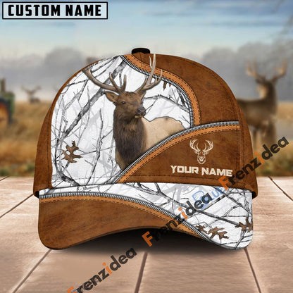 Frenzidea Elk Hunting Premium Brown Leather Pattern Personalized Name Cap