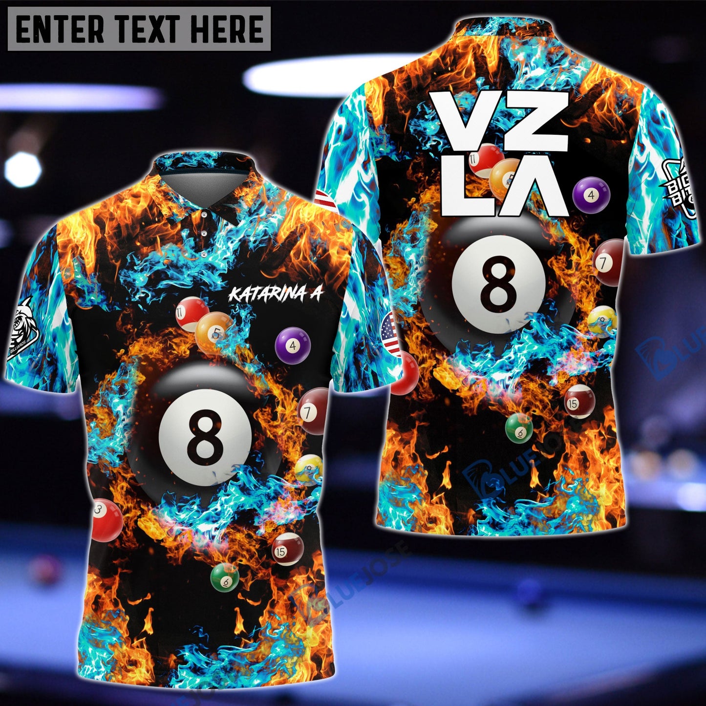 Frenzidea Billiards Fire & Water Personalized Name, Team Name Shirt VZLA