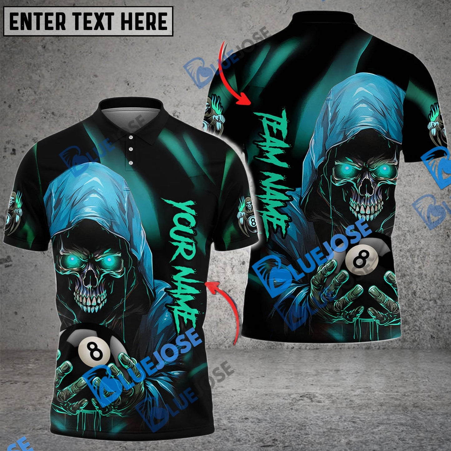 Frenzidea Billiards Ball 8 Grim Reaper Skull Personalized Name, Team Name Unisex Shirt ( 6 Colors )
