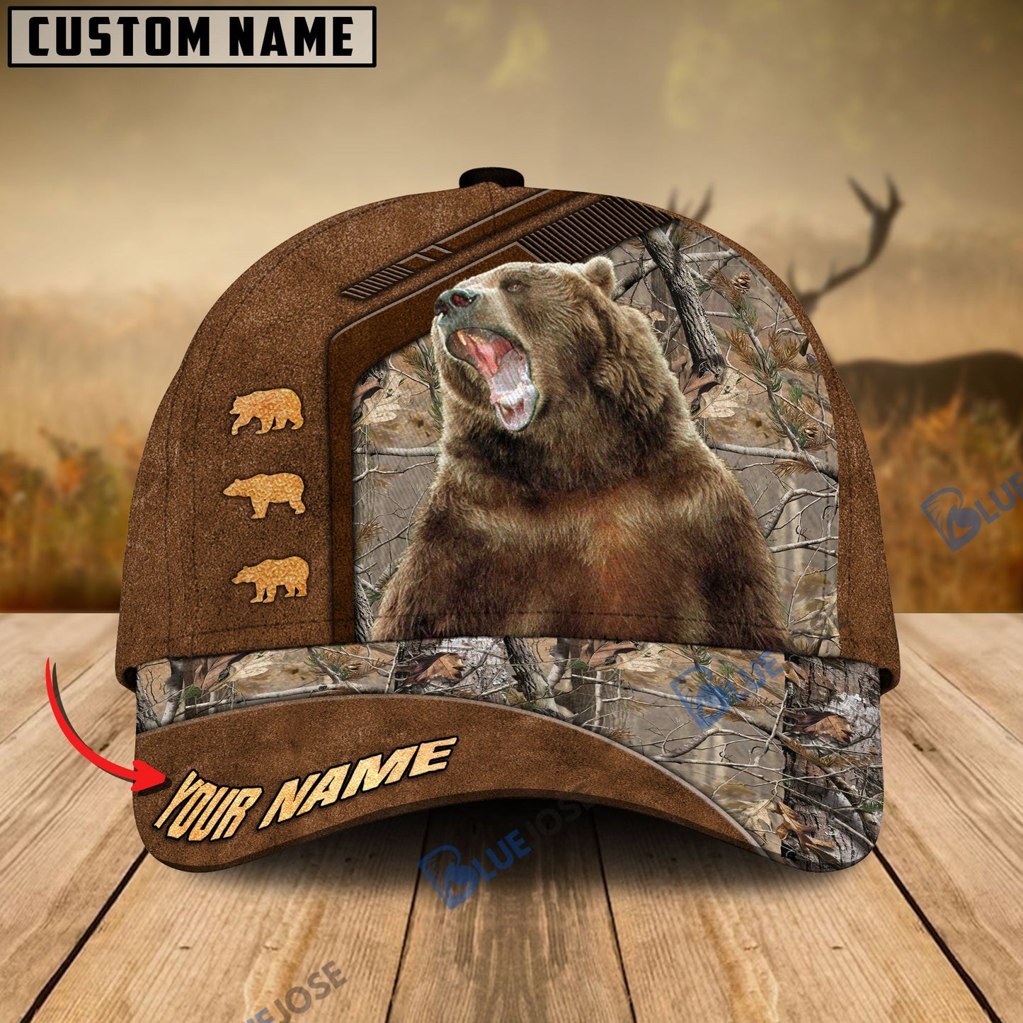 Frenzidea Bear Hunting Premium Brown Pattern Personalized Name Cap