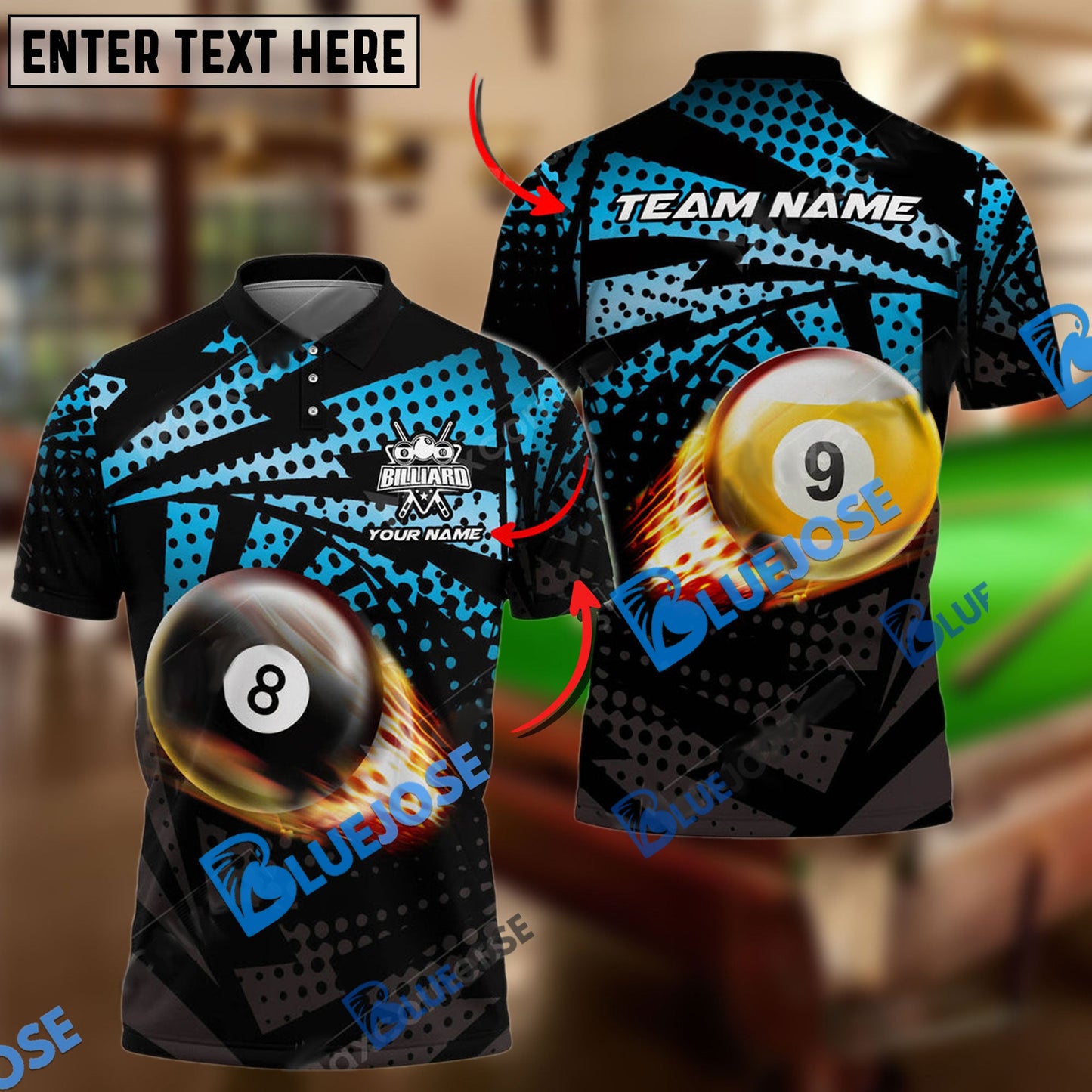 Frenzidea Billiards Ball 8&9 Fire Point Strike Personalized Name, Team Name Unisex Shirt ( 4 Colors )