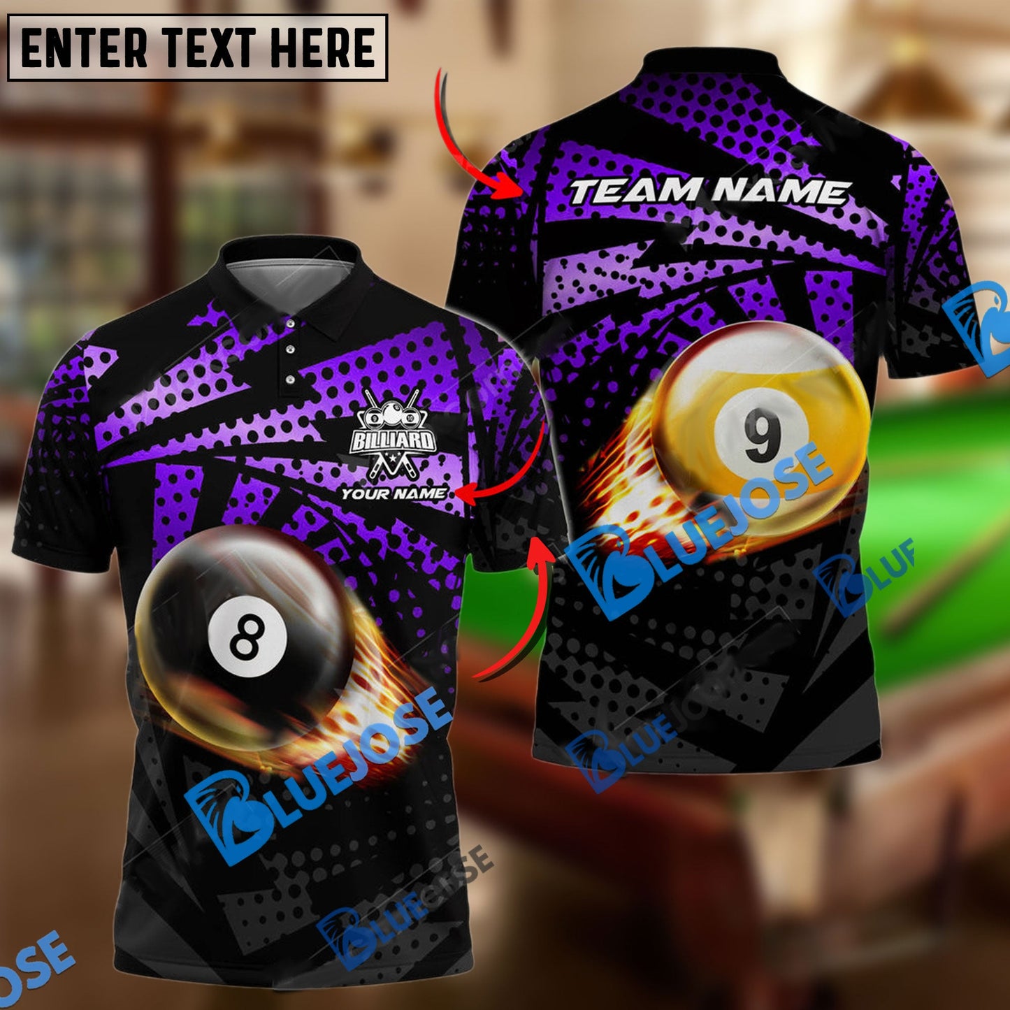 Frenzidea Billiards Ball 8&9 Fire Point Strike Personalized Name, Team Name Unisex Shirt ( 4 Colors )