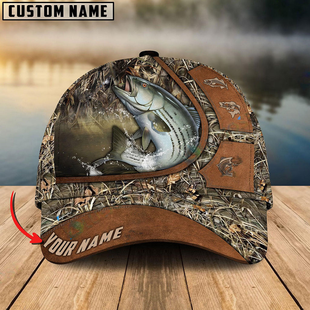 Frenzidea Personalized Striped Bass Fishing Nature Leather Pattern Classic Cap