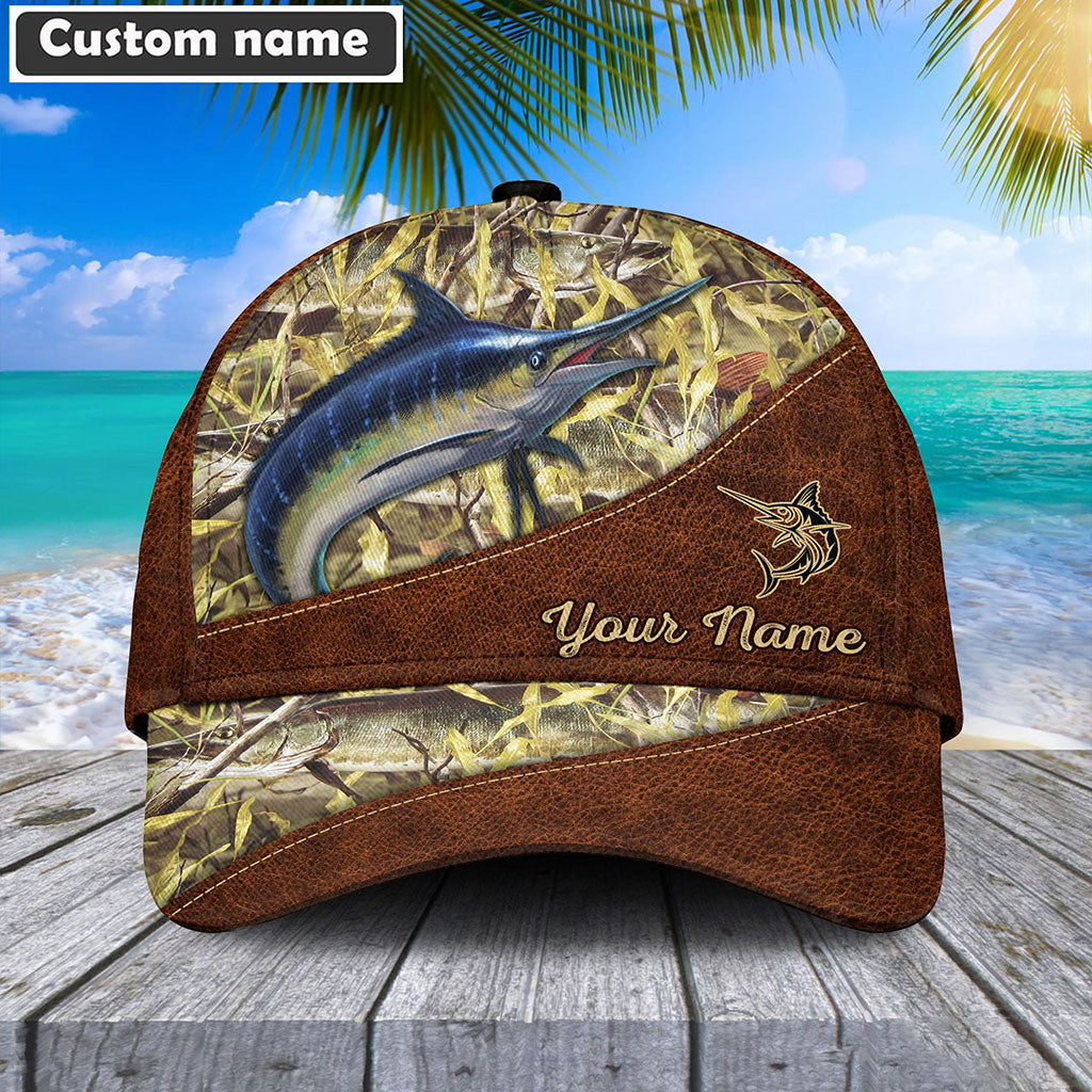 Frenzidea Personalized Blue Marlin Fishing Leather Pattern Cap