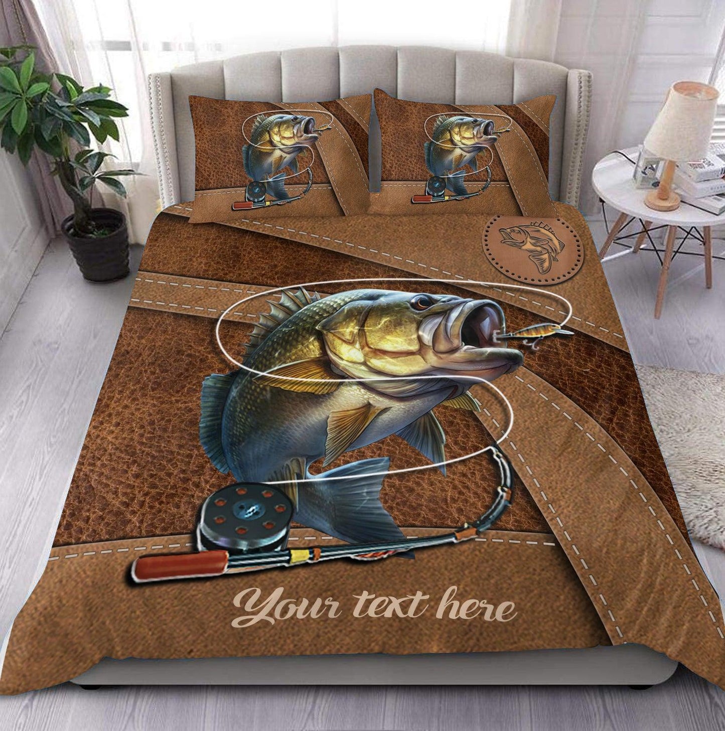 Frenzidea Bass Fishing Leather Pattern Personalized  Bedding Set