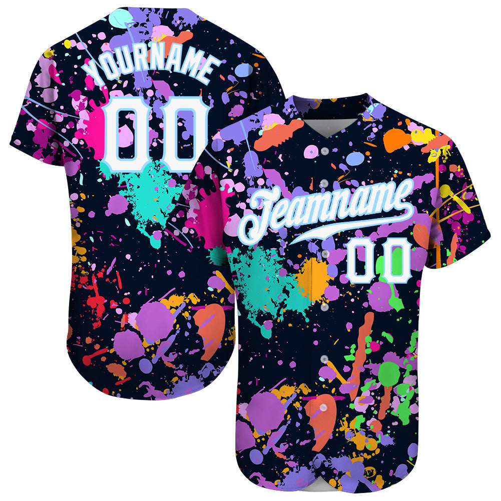 Frenzidea Custom Splashes Graffiti Pattern White-Light Blue 3D Authentic Baseball Jersey