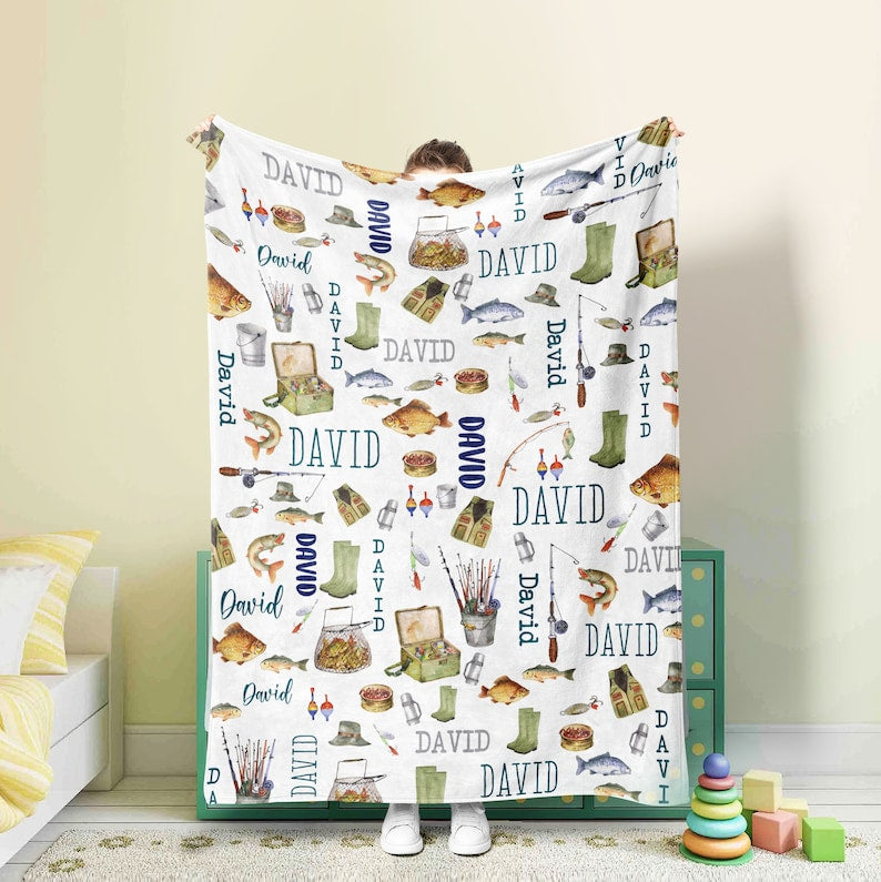 Frenzidea Custom Name Fishing Pattern Blanket