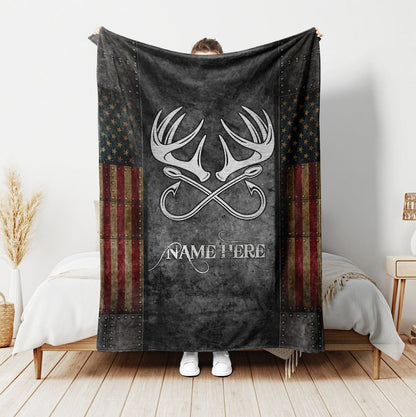Frenzidea Custom Name Hunting Fishing USA Flag Blanket