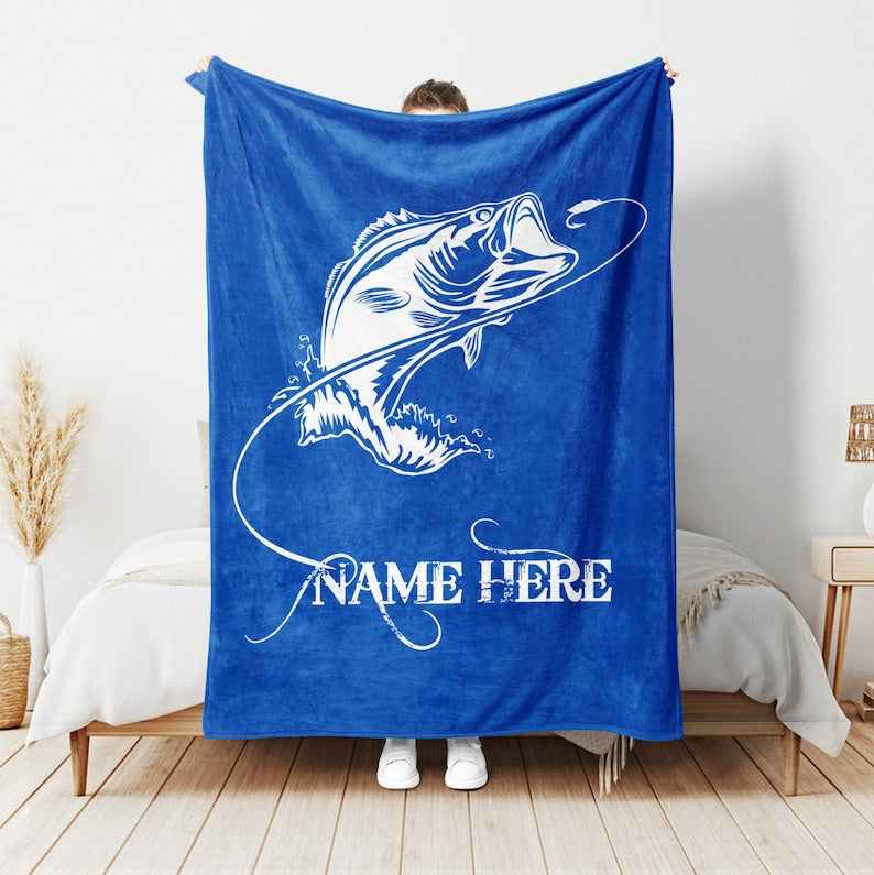 Frenzidea Custom Name Fishing Bass Fish Blue Blanket