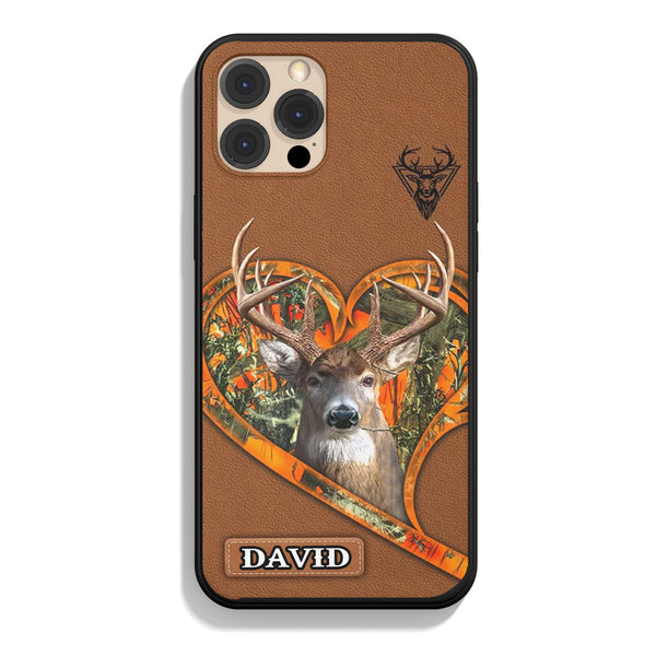 Frenzidea Deer Heart Hunter Orange Camo Brown Leather Pattern Personalized Name Phone Case