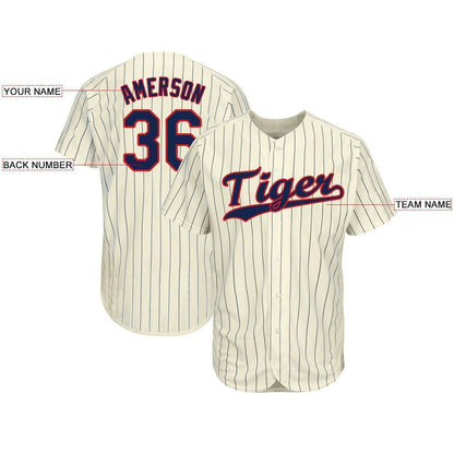Frenzidea Custom Cream Navy Pinstripe Navy-Red Baseball Jersey