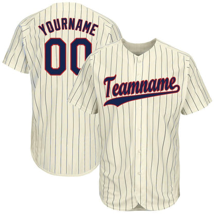 Frenzidea Custom Cream Navy Pinstripe Navy-Red Baseball Jersey