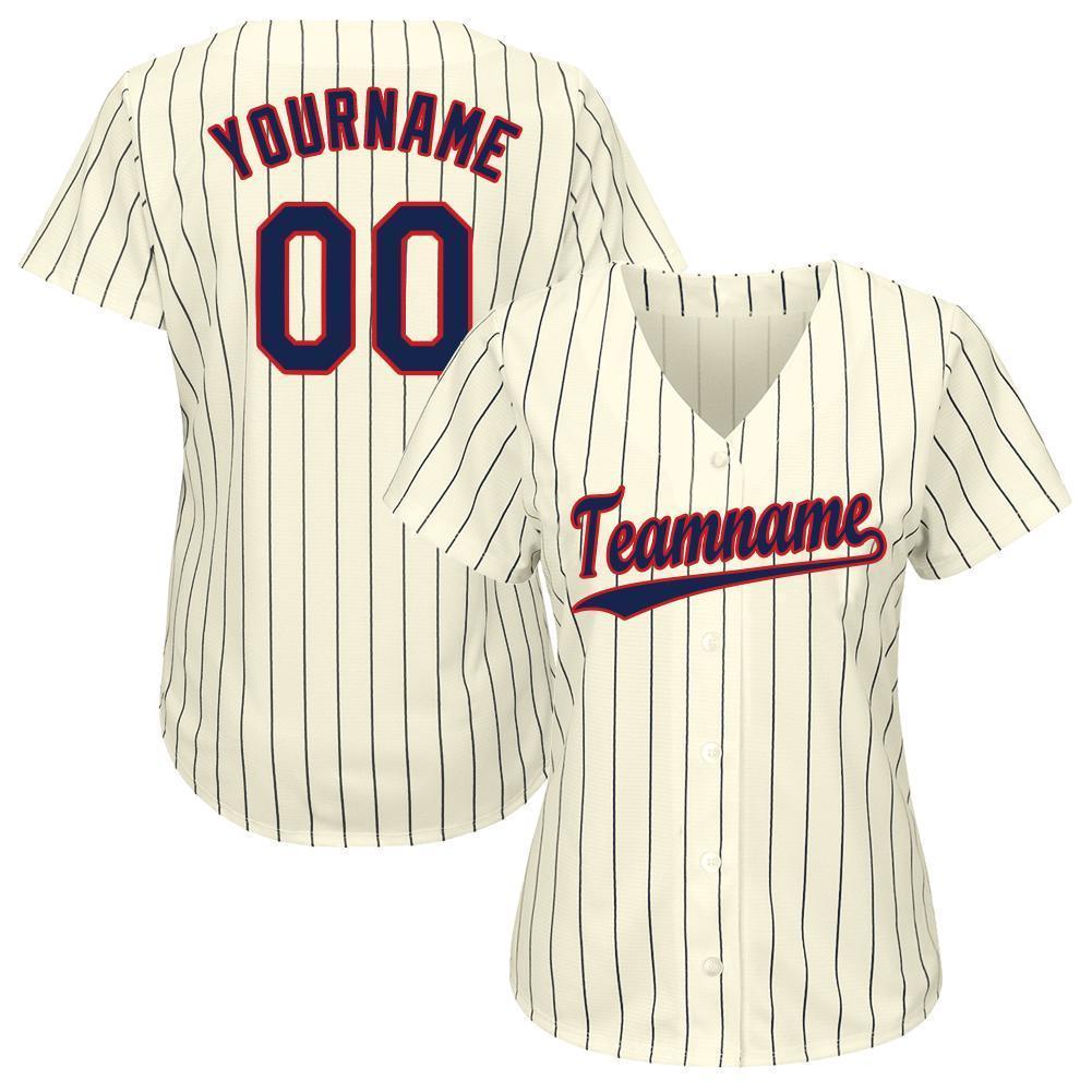 Frenzidea Custom Cream Navy Pinstripe Navy-Red Baseball Jersey