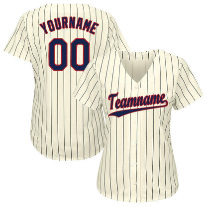 Frenzidea Custom Cream Navy Pinstripe Navy-Red Baseball Jersey