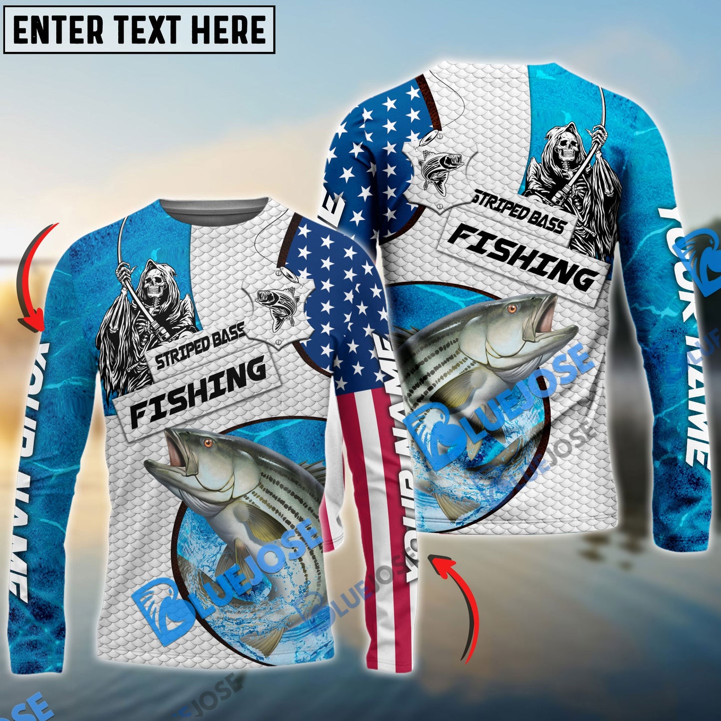 Frenzidea Customize Name Striped Bass Fishing Reaper Blue Water 3D Shirts