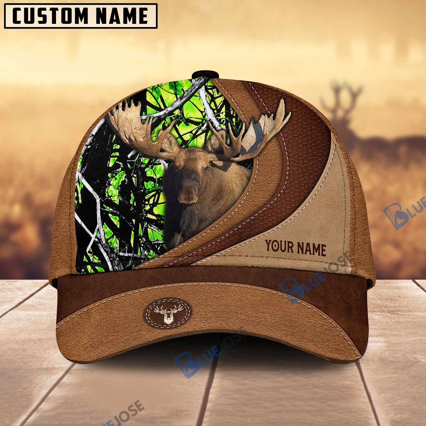 Frenzidea Moose Hunting Brown Leather Pattern Personalized Name Cap (5 Colors)