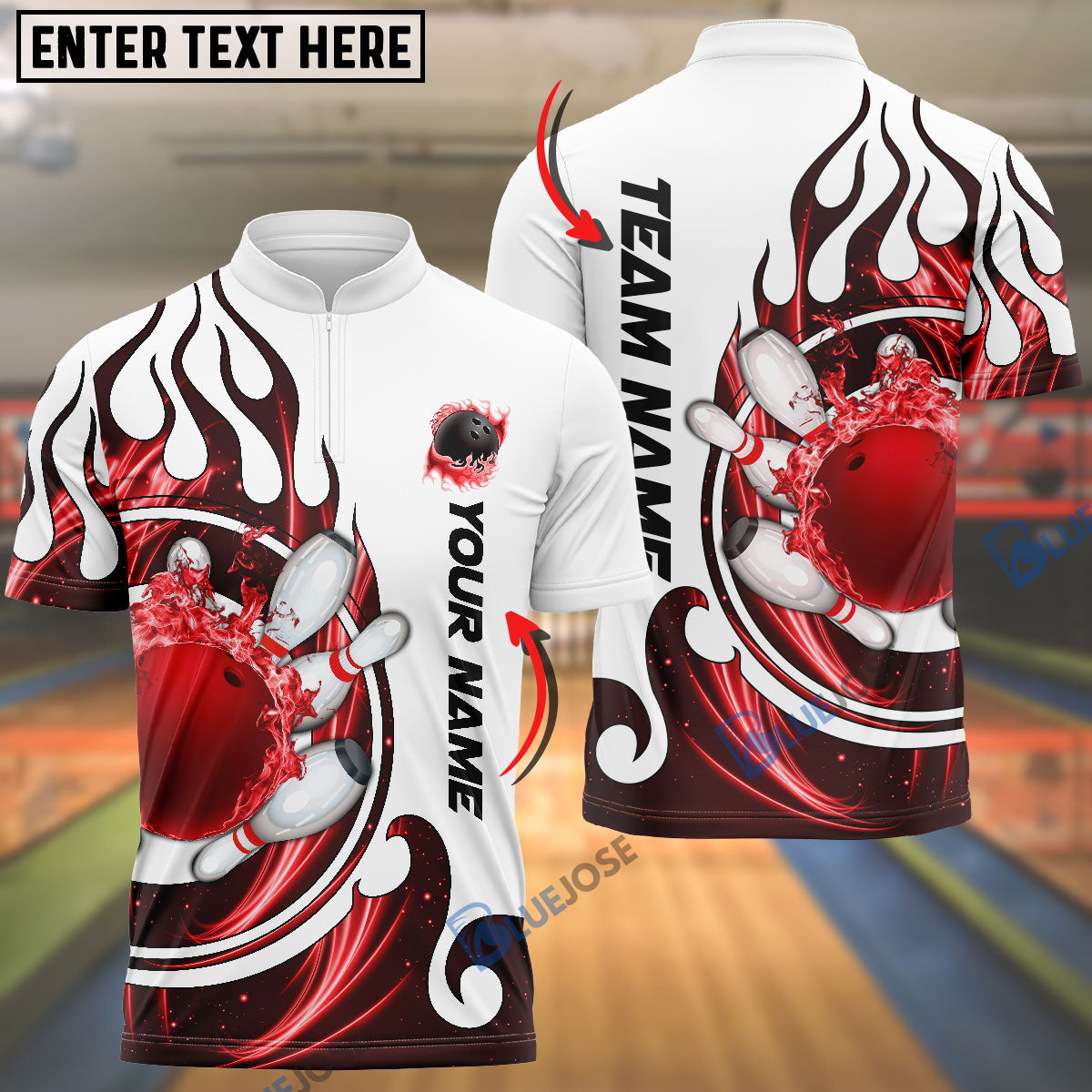 Frenzideas Personalized Name and Team Name Fire Color Bowling Player Multicolor Polo Shirt