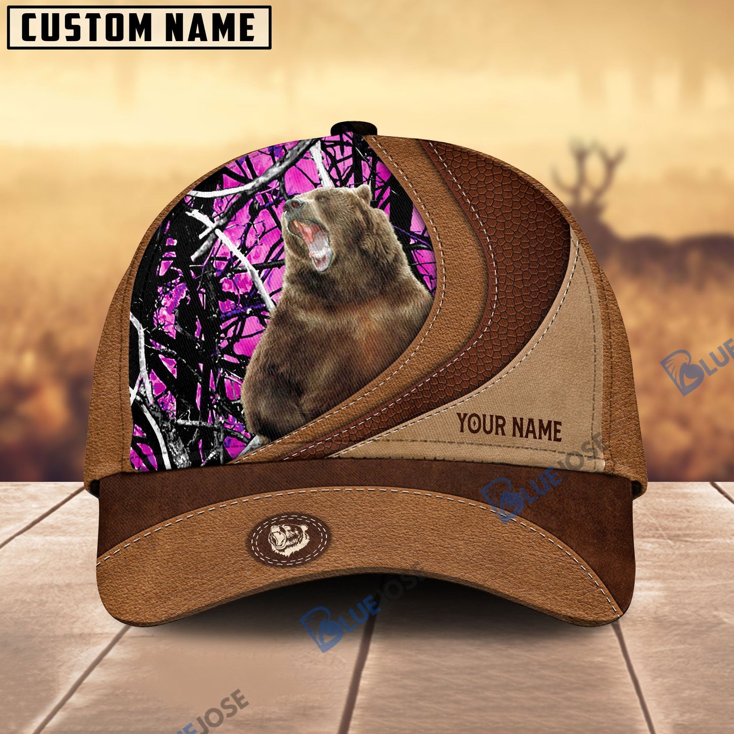 Frenzidea Bear Hunting Brown Leather Pattern Personalized Name Cap (5 Colors)