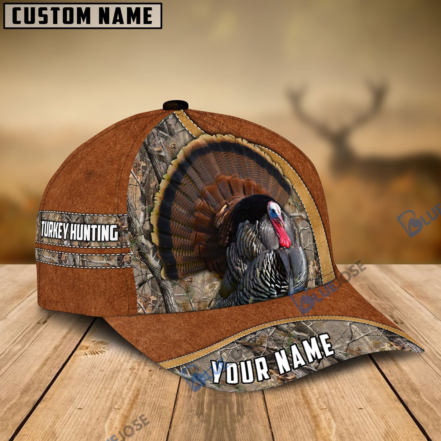 Frenzidea Turkey Hunting Light Brown Leather Pattern Personalized Name Cap