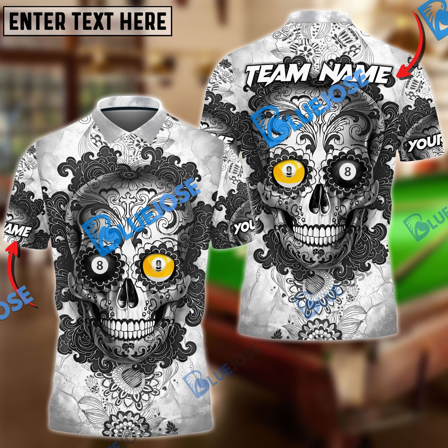 Frenzidea Billiards Ball 8 & 9 Sugar Skull Art Personalized Name, Team Name Unisex Shirt ( 4 Colors )