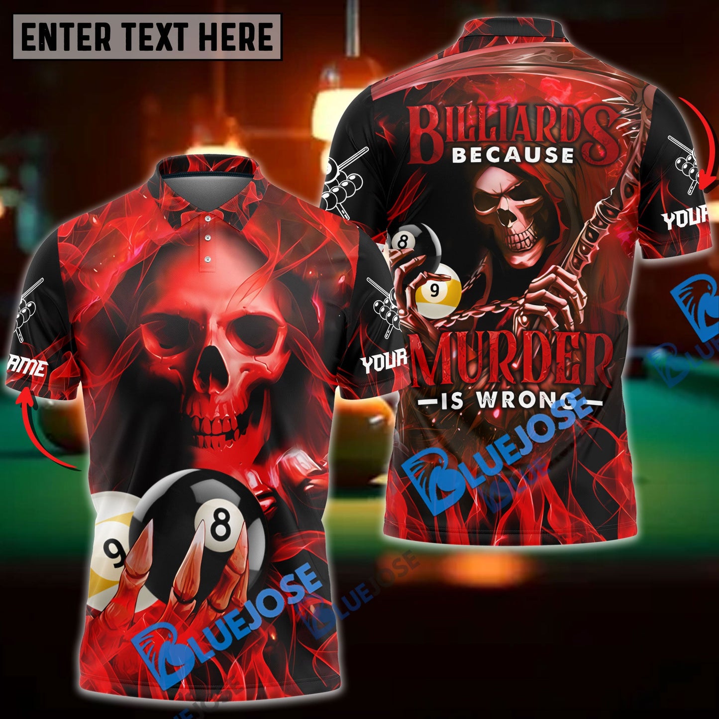 Frenzidea Billiards Reaper Flame Personalized Name, Team Name Unisex Shirt ( 6 Colors )