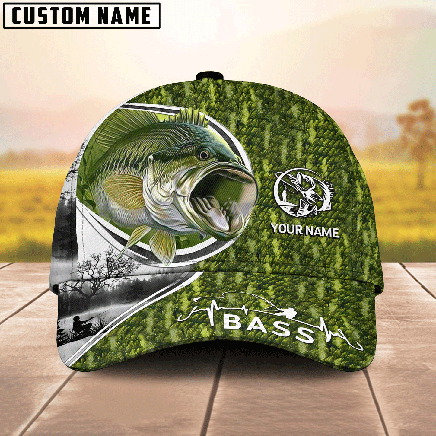 Frenzidea Custom Name Largemouth Bass Fishing Heart Beat Hook Printed Classic Cap