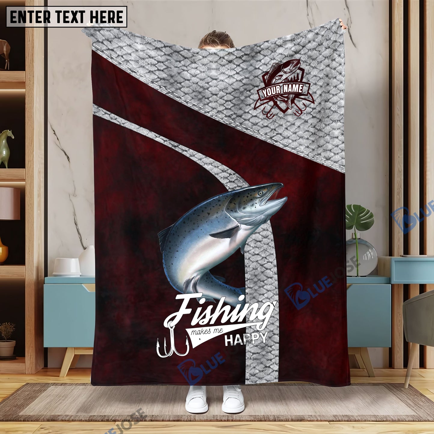 Frenzidea Custom Name Salmon Fishing Red Blanket