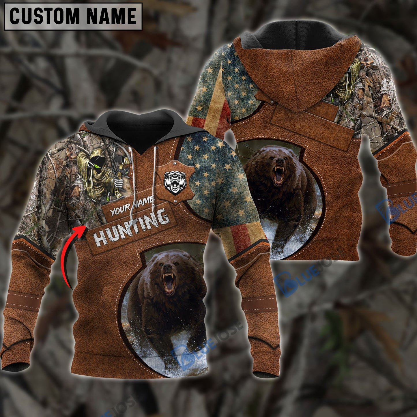 Frenzidea Customized Name Bear Hunting Leather Pattern 3D Shirts