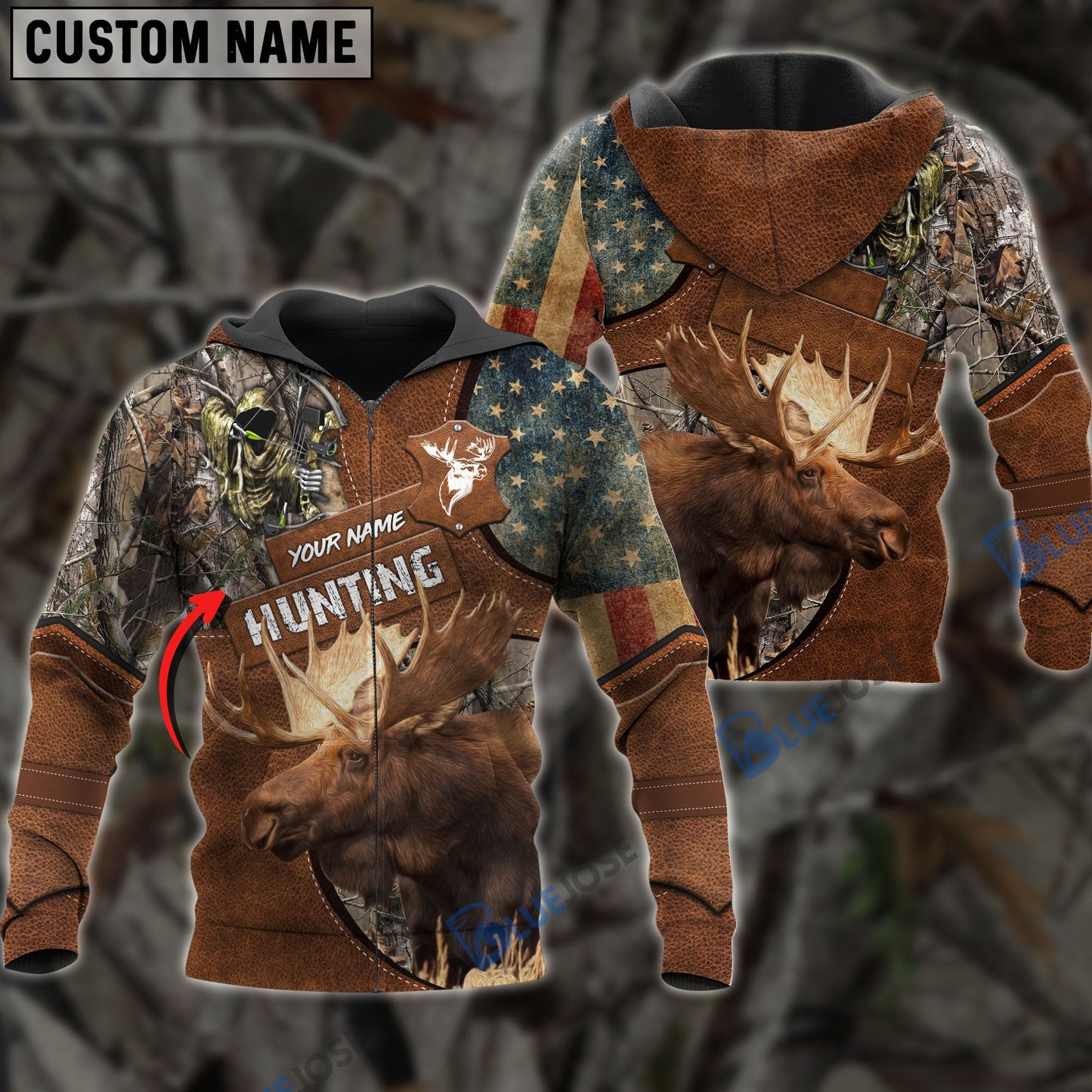 Frenzidea Customized Name Moose Hunting Leather Pattern 3D Shirts