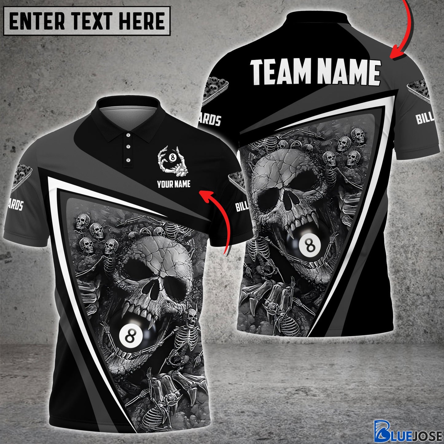 Frenzidea Grey Skull Ball 8 Billiards Personalized Name & Team Name Shirt