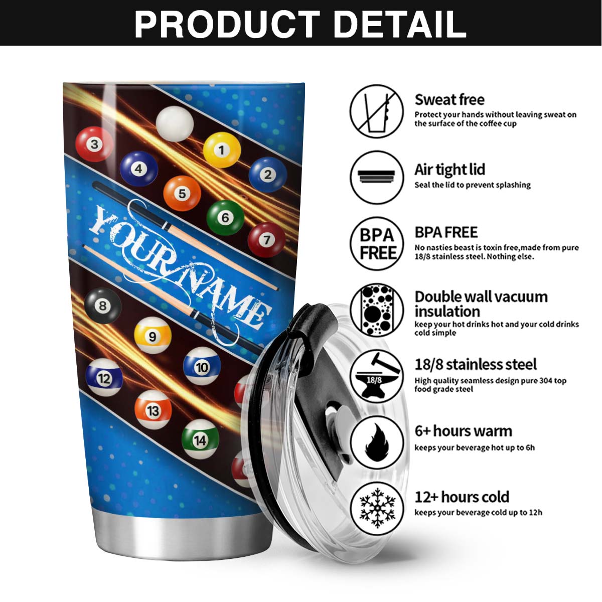 Frenzidea Billiards Skull Personalized Stainless Steel Tumbler