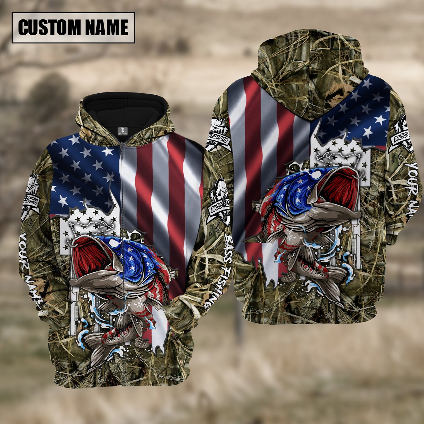 Frenzidea American Flag Patriotic Largemouth Bass Camo Fishing Custom Name 3D Shirts