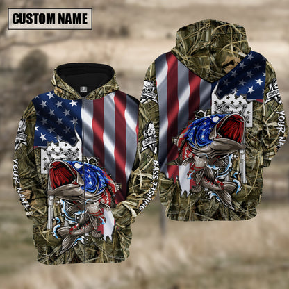 Frenzidea American Flag Patriotic Largemouth Bass Camo Fishing Custom Name 3D Shirts
